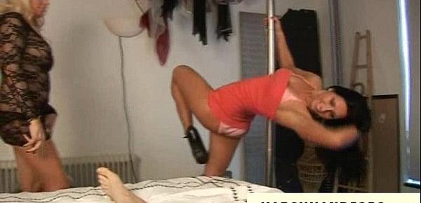  2 poledancing girls give rough harsh handjob